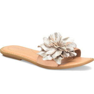 Born Women's Sz 8 Tan Light Gold Metallic Leather Hibiscus Slide Sandals NWT